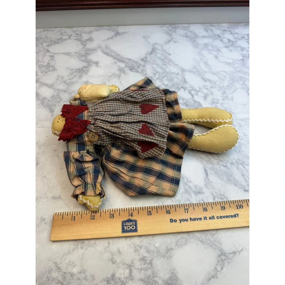Primitive Cloth Doll Shelf Sitter Plaid Dress Country Farmhouse Folk Art 10in